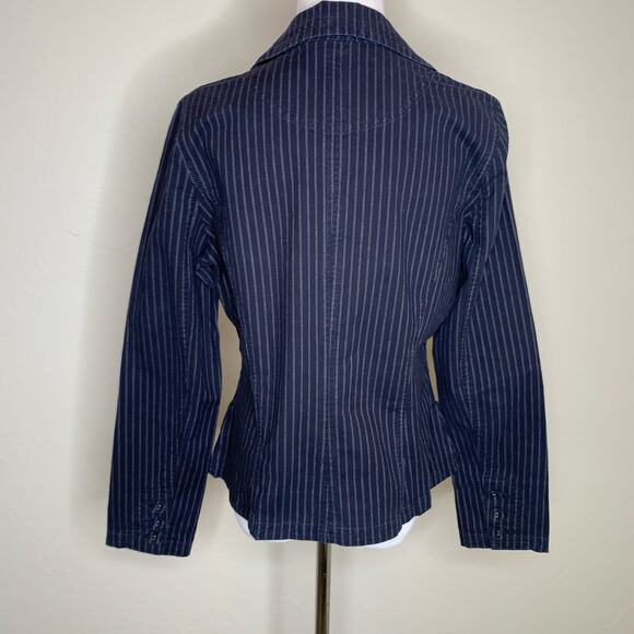 Navy Blue Cotton Casual Blazer Tan Stripes Sz Medium - Picture 2 of 8